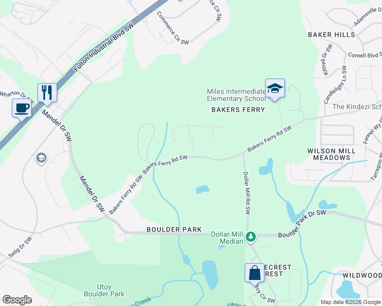 map of restaurants, bars, coffee shops, grocery stores, and more near 4430 Bakers Ferry Road Southwest in Atlanta