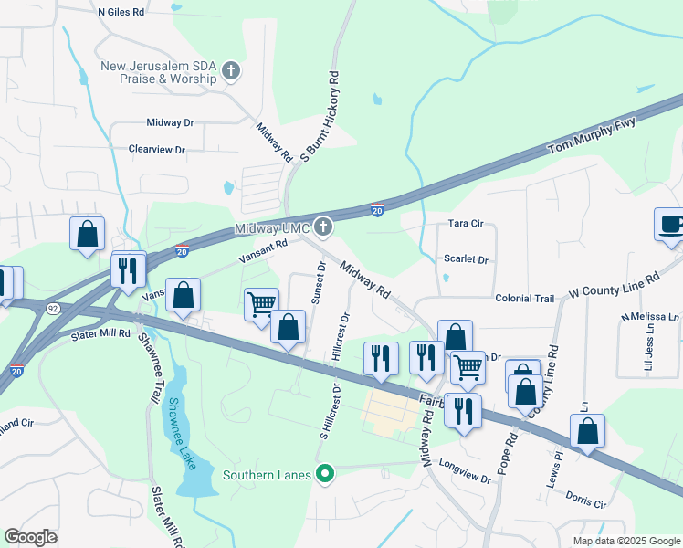 map of restaurants, bars, coffee shops, grocery stores, and more near 1965 Midway Road in Douglasville