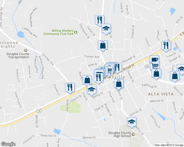 map of restaurants, bars, coffee shops, grocery stores, and more near 8383 Hollis Street in Douglasville