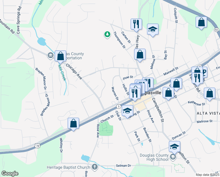 map of restaurants, bars, coffee shops, grocery stores, and more near 8401 Warren Drive in Douglasville