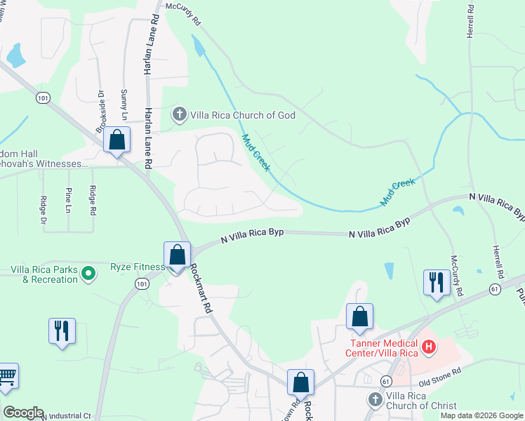 map of restaurants, bars, coffee shops, grocery stores, and more near 143 Reid Plantation Drive in Villa Rica