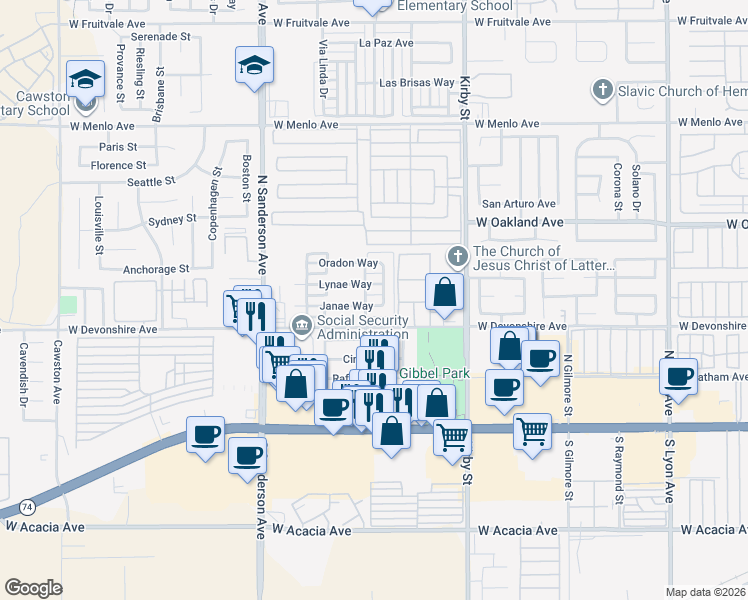 map of restaurants, bars, coffee shops, grocery stores, and more near 2872 Janae Way in Hemet