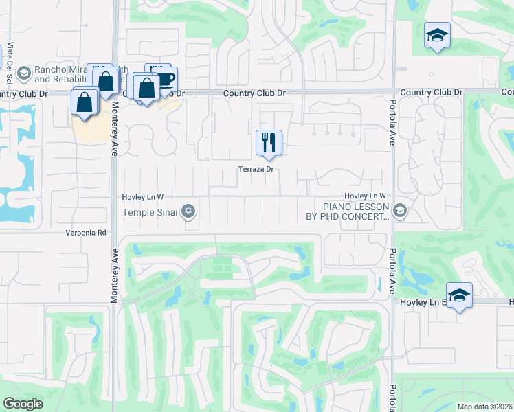 map of restaurants, bars, coffee shops, grocery stores, and more near 40845 Avenue Rosario in Palm Desert