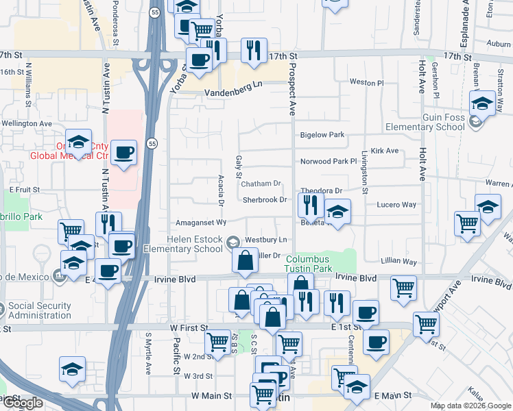 map of restaurants, bars, coffee shops, grocery stores, and more near 17536 Sherbrook Drive in Tustin