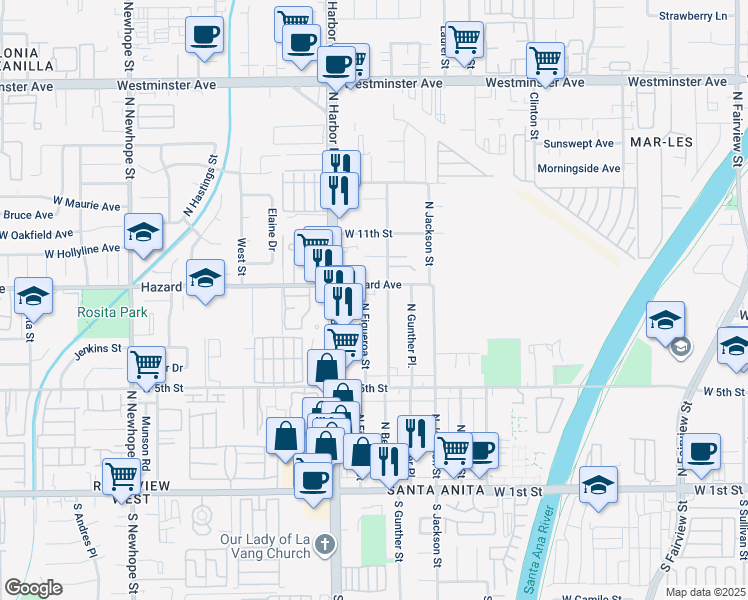 map of restaurants, bars, coffee shops, grocery stores, and more near 809 North Figueroa Street in Santa Ana