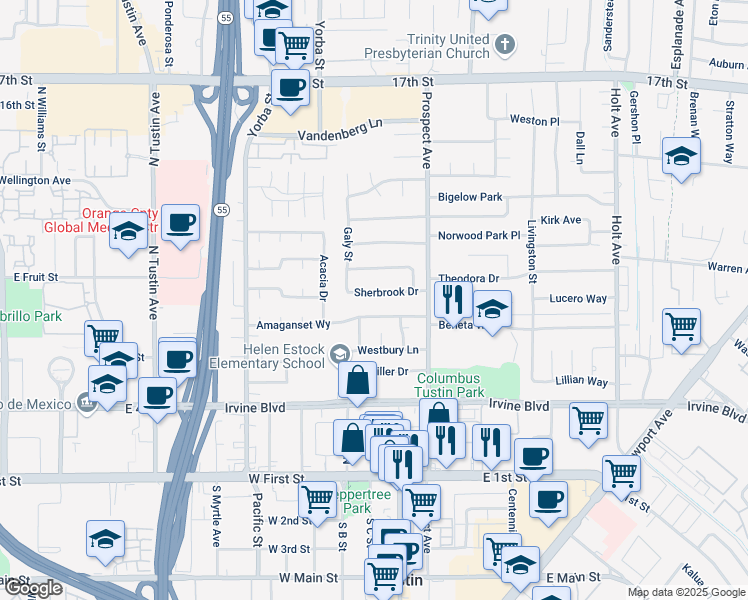 map of restaurants, bars, coffee shops, grocery stores, and more near 17536 Sherbrook Drive in Tustin