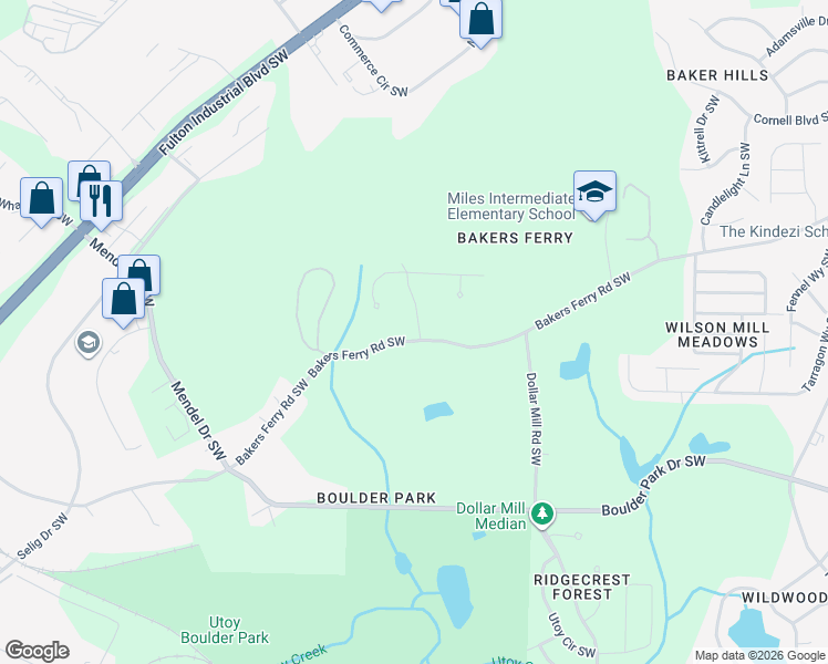 map of restaurants, bars, coffee shops, grocery stores, and more near 4430 Bakers Ferry Road Southwest in Atlanta