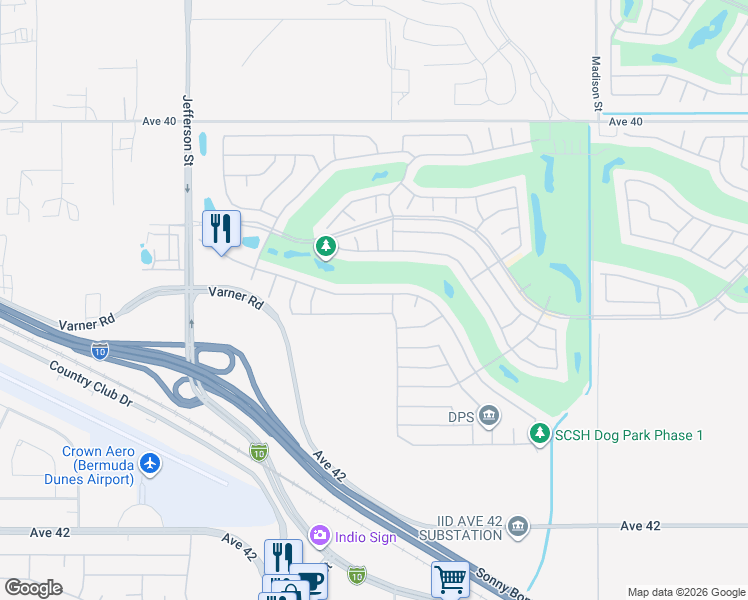 map of restaurants, bars, coffee shops, grocery stores, and more near 80459 Camino Santa Elise in Indio
