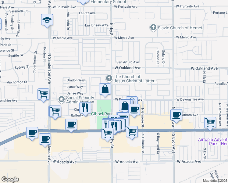 map of restaurants, bars, coffee shops, grocery stores, and more near 357 Antigua Street in Hemet