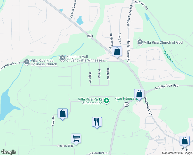 map of restaurants, bars, coffee shops, grocery stores, and more near 103 Pine Lane in Villa Rica