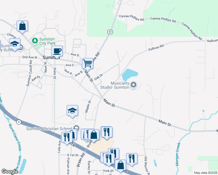 map of restaurants, bars, coffee shops, grocery stores, and more near 91-299 Sullivan Rd in Sumiton