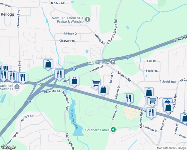 map of restaurants, bars, coffee shops, grocery stores, and more near 3015 Acacia Circle in Douglasville