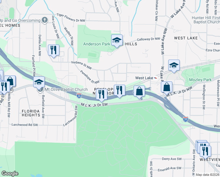 map of restaurants, bars, coffee shops, grocery stores, and more near 2057 Blayton Circle Northwest in Atlanta