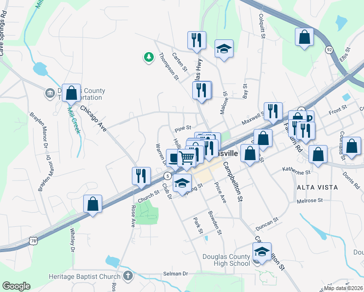 map of restaurants, bars, coffee shops, grocery stores, and more near 8380 Hollis Street in Douglasville