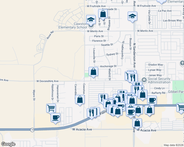 map of restaurants, bars, coffee shops, grocery stores, and more near 372 Via Capri in Hemet