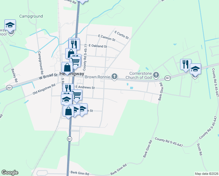 map of restaurants, bars, coffee shops, grocery stores, and more near 407 East Andrews Street in Hemingway