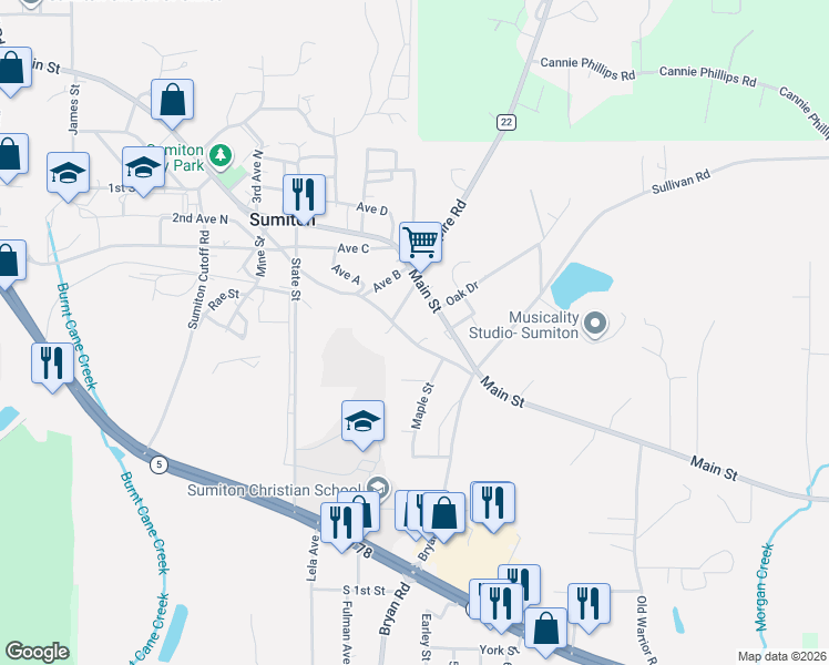 map of restaurants, bars, coffee shops, grocery stores, and more near 501 Old Birmingham Road in Dora