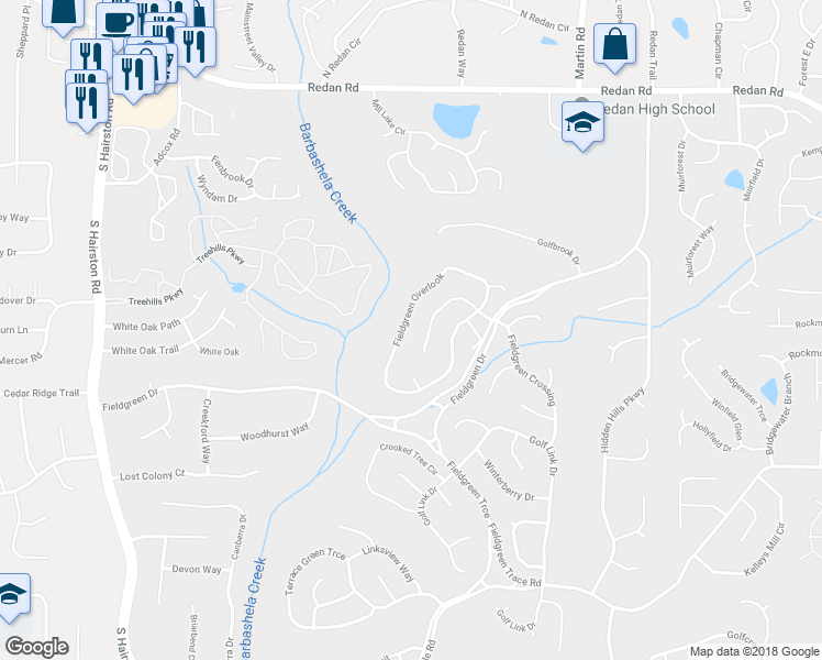 map of restaurants, bars, coffee shops, grocery stores, and more near 1588 Fieldgreen Overlook in Stone Mountain
