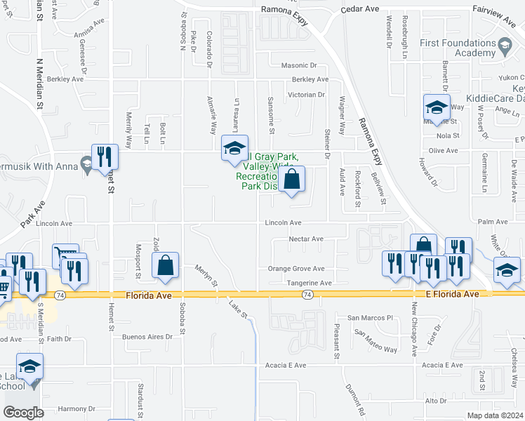 map of restaurants, bars, coffee shops, grocery stores, and more near 338 North Lake Street in Hemet