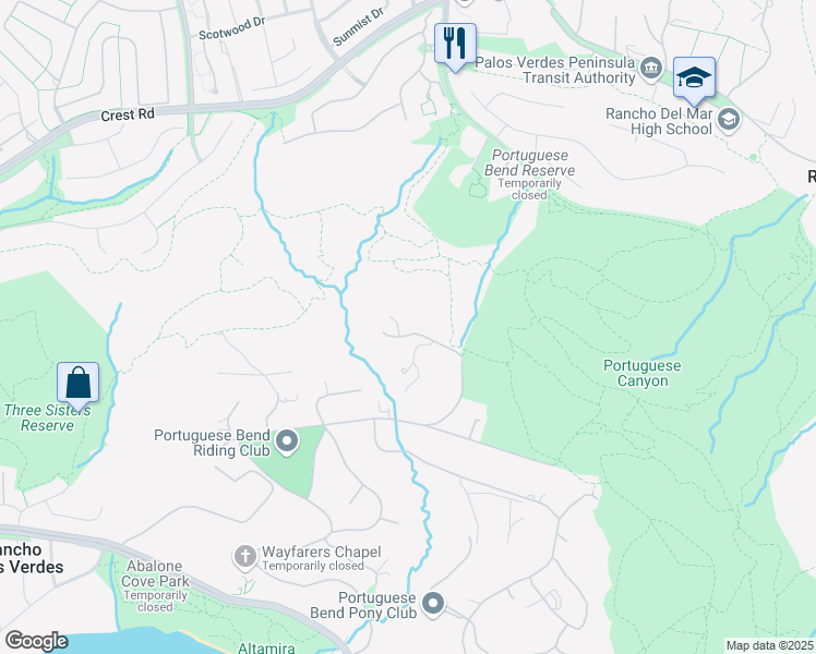 map of restaurants, bars, coffee shops, grocery stores, and more near 85 Vanderlip Drive in Rancho Palos Verdes