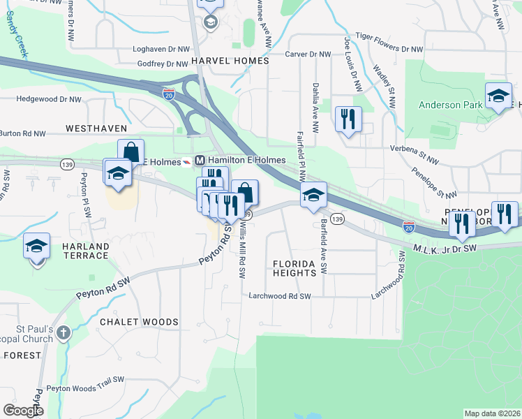 map of restaurants, bars, coffee shops, grocery stores, and more near 2300 Martin Luther King Junior Drive Southwest in Atlanta