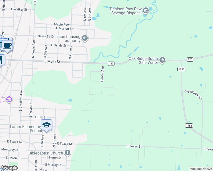 map of restaurants, bars, coffee shops, grocery stores, and more near 1058 East Morgan Street in Denison