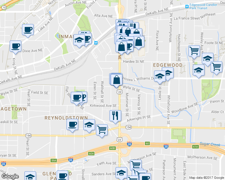 map of restaurants, bars, coffee shops, grocery stores, and more near 60 Cleveland Street Southeast in Atlanta