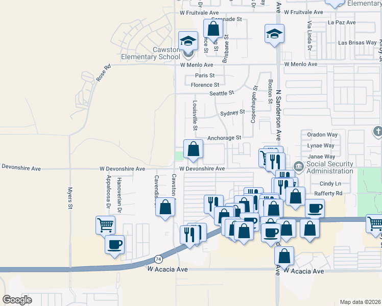map of restaurants, bars, coffee shops, grocery stores, and more near 372 Via Capri in Hemet