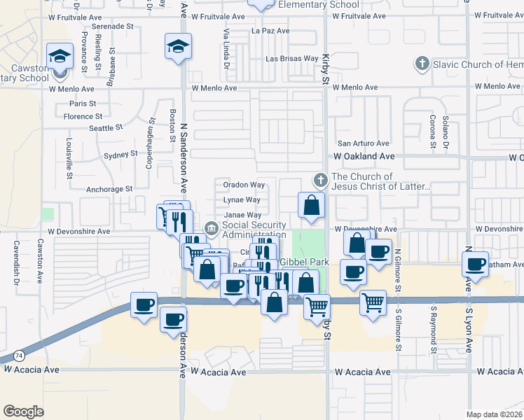 map of restaurants, bars, coffee shops, grocery stores, and more near 2872 Janae Way in Hemet