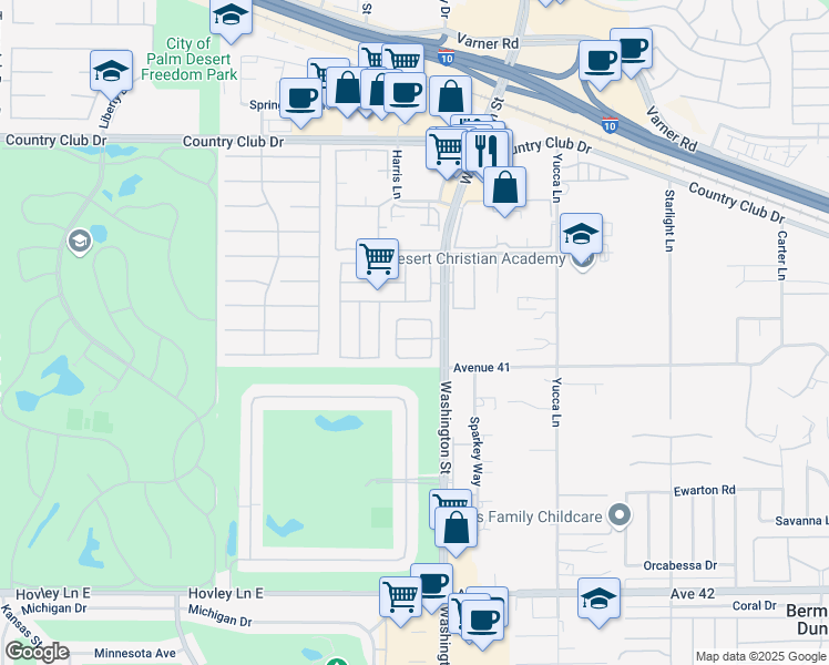 map of restaurants, bars, coffee shops, grocery stores, and more near 40785 Breezy Pass Road in Palm Desert