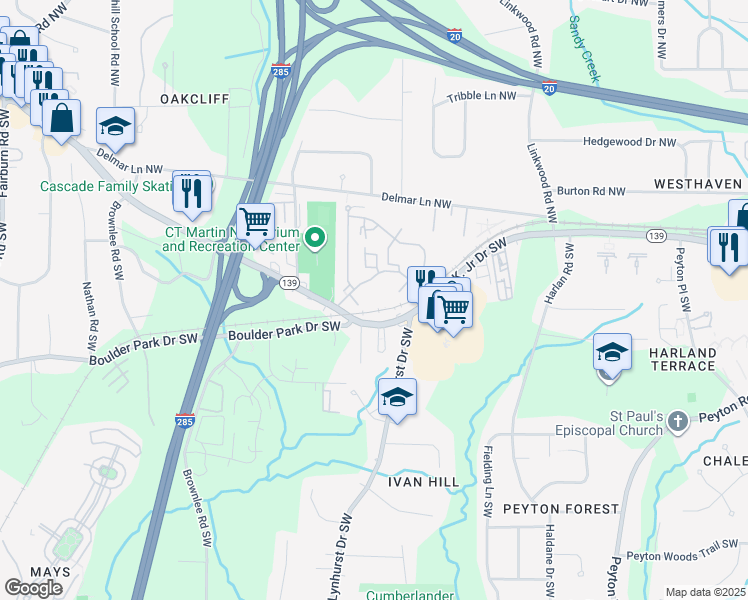 map of restaurants, bars, coffee shops, grocery stores, and more near 3046 Middleton Road Northwest in Atlanta