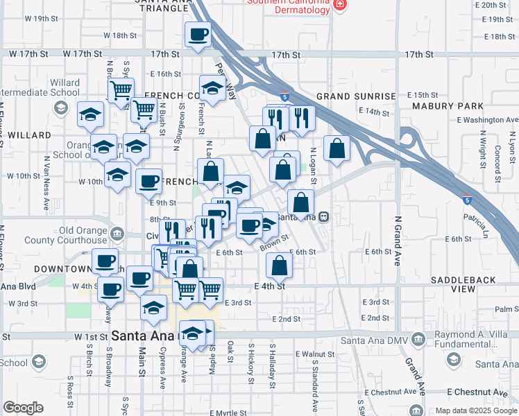 map of restaurants, bars, coffee shops, grocery stores, and more near 717 North Garfield Street in Santa Ana