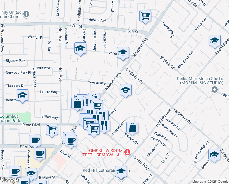 map of restaurants, bars, coffee shops, grocery stores, and more near 12700 Newport Avenue in Tustin