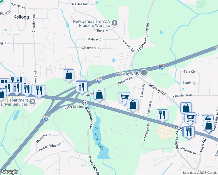 map of restaurants, bars, coffee shops, grocery stores, and more near 3965 Vansant Road in Douglasville