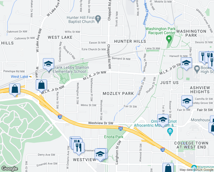 map of restaurants, bars, coffee shops, grocery stores, and more near 1424 Adele Avenue Southwest in Atlanta