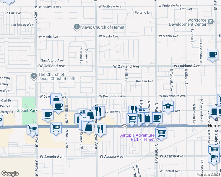 map of restaurants, bars, coffee shops, grocery stores, and more near 332 North Lyon Avenue in Hemet