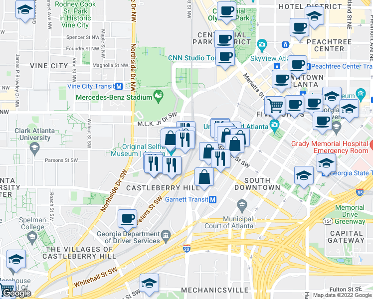 map of restaurants, bars, coffee shops, grocery stores, and more near 311 Nelson Street Southwest in Atlanta