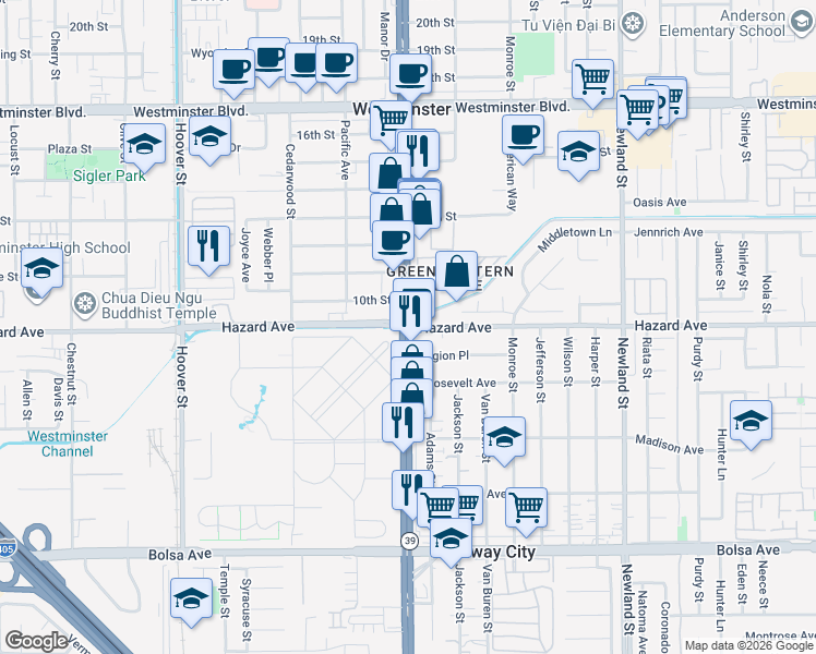 map of restaurants, bars, coffee shops, grocery stores, and more near Beach Blvd & Hazard Ave in Westminster