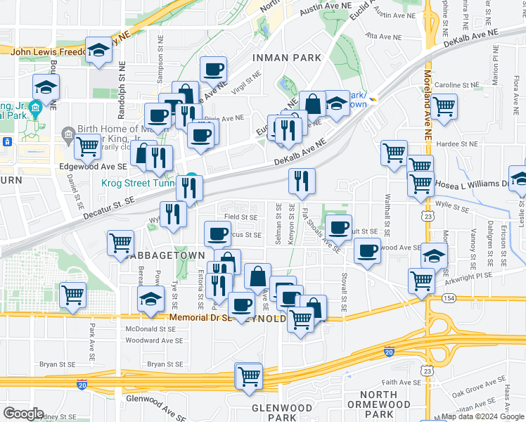 map of restaurants, bars, coffee shops, grocery stores, and more near 69 Chester Avenue Southeast in Atlanta