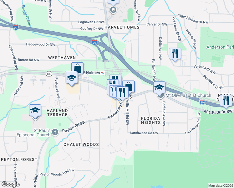map of restaurants, bars, coffee shops, grocery stores, and more near in Atlanta