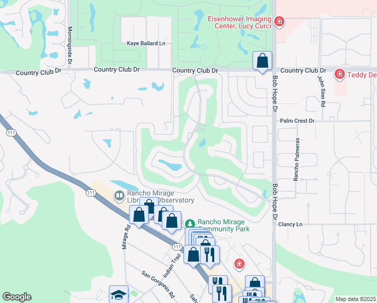 map of restaurants, bars, coffee shops, grocery stores, and more near 43 Sunrise Drive in Rancho Mirage