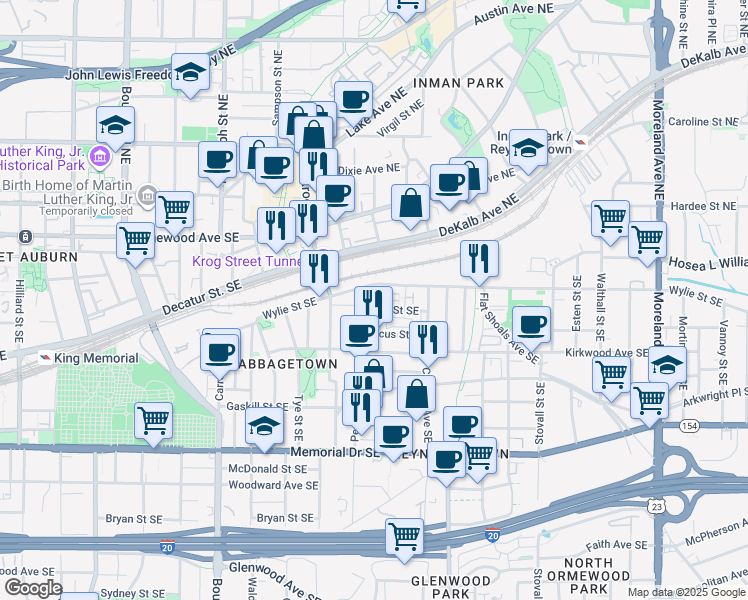 map of restaurants, bars, coffee shops, grocery stores, and more near 695 Field Street Southeast in Atlanta