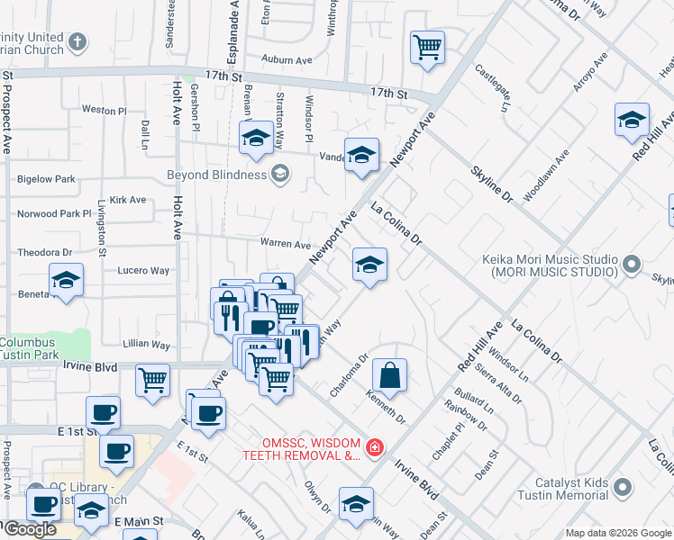 map of restaurants, bars, coffee shops, grocery stores, and more near 12700 Newport Avenue in Tustin
