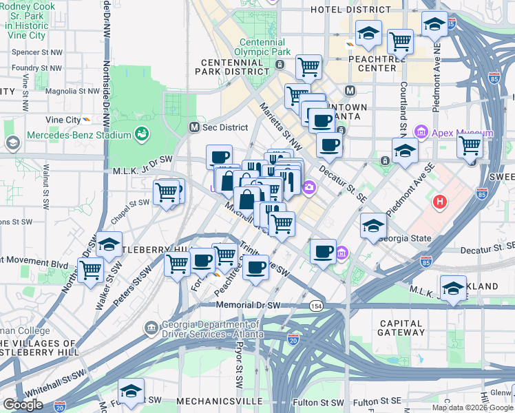 map of restaurants, bars, coffee shops, grocery stores, and more near 117 Peachtree Street in Atlanta