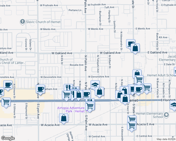 map of restaurants, bars, coffee shops, grocery stores, and more near 2 North Palm Avenue in Hemet