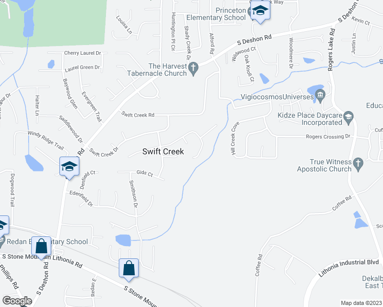 map of restaurants, bars, coffee shops, grocery stores, and more near 6661 Rebecca Lou Lane in Lithonia