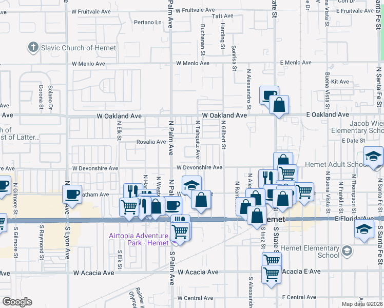 map of restaurants, bars, coffee shops, grocery stores, and more near 728 Malibu Street in Hemet