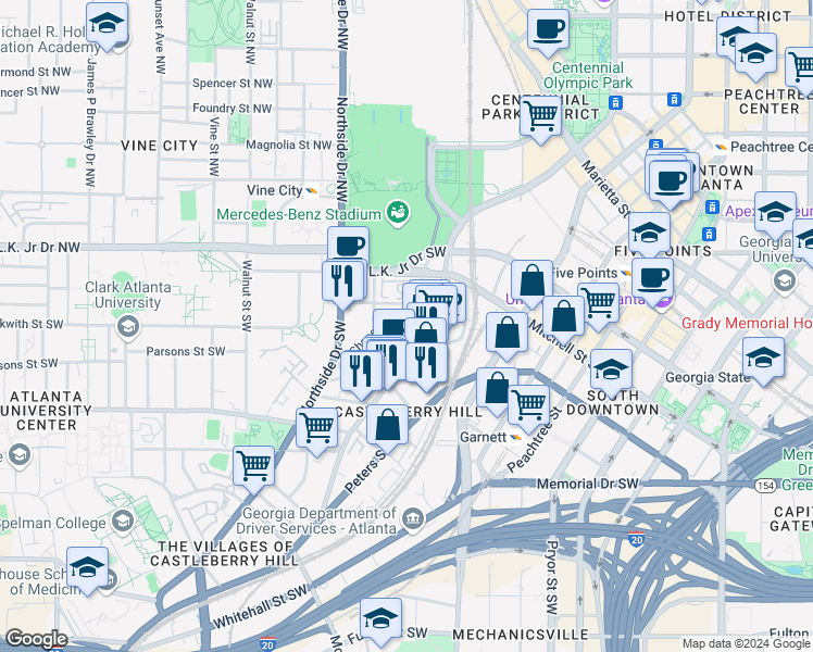 map of restaurants, bars, coffee shops, grocery stores, and more near 395 Nelson Street Southwest in Atlanta