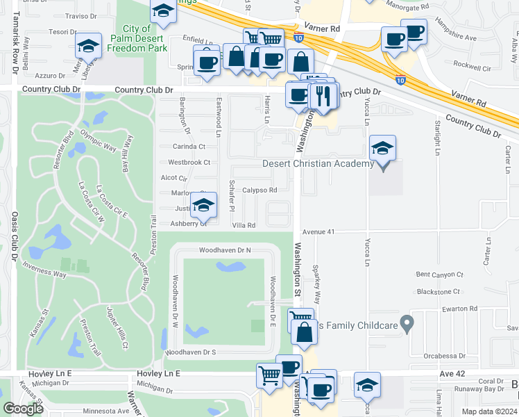 map of restaurants, bars, coffee shops, grocery stores, and more near 40854 Biscayne Drive in Palm Desert