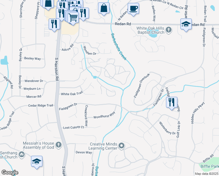 map of restaurants, bars, coffee shops, grocery stores, and more near 3902 Treehills Parkway in Stone Mountain